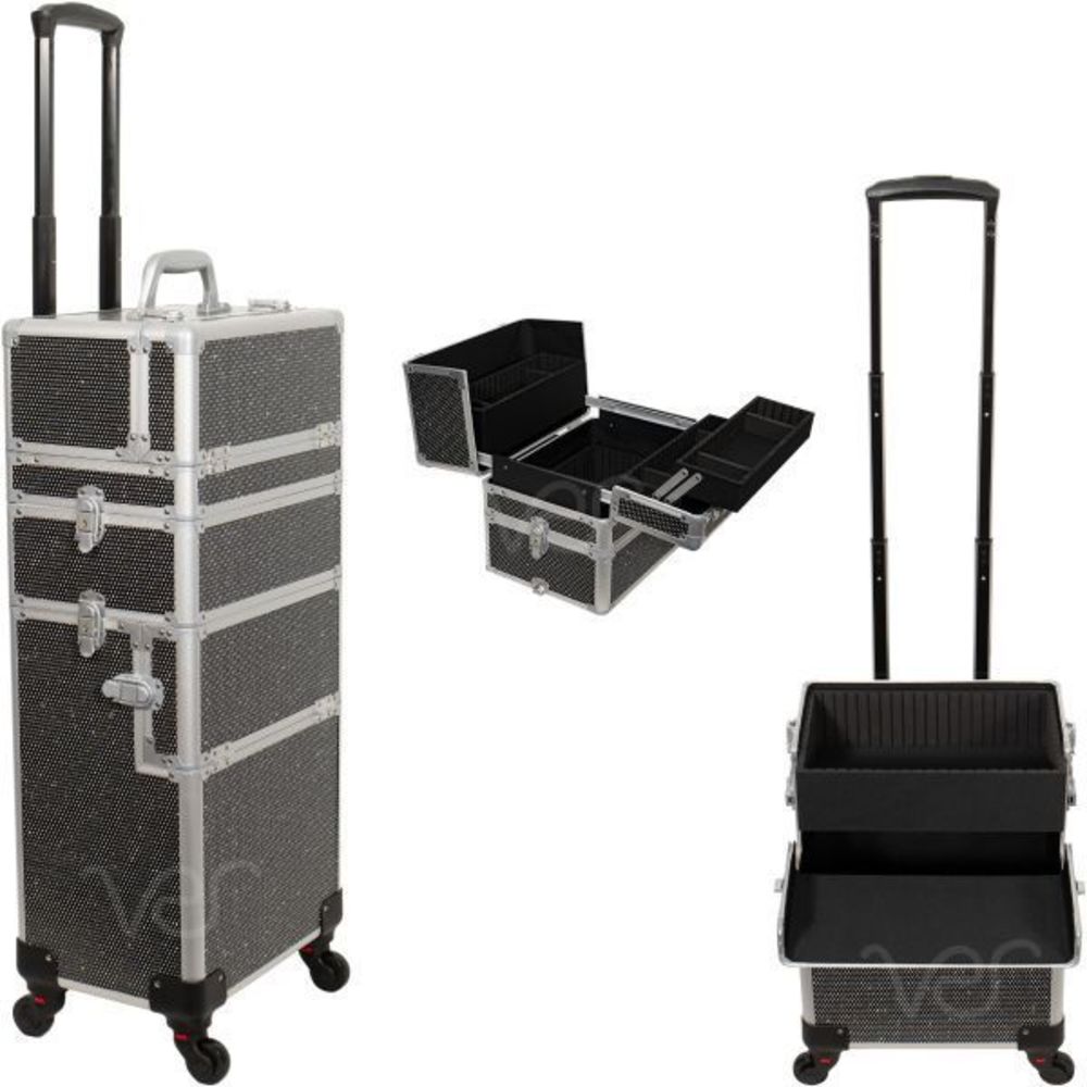Black Aluminum Rolling Cosmetics Case with Wheels 3 Stackable Removable Slide Tr